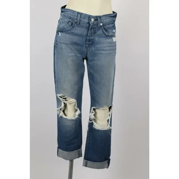 7 FOR ALL MANKIND Blue Denim Ripped Distressed Straight Leg Jeans Pants Size 26